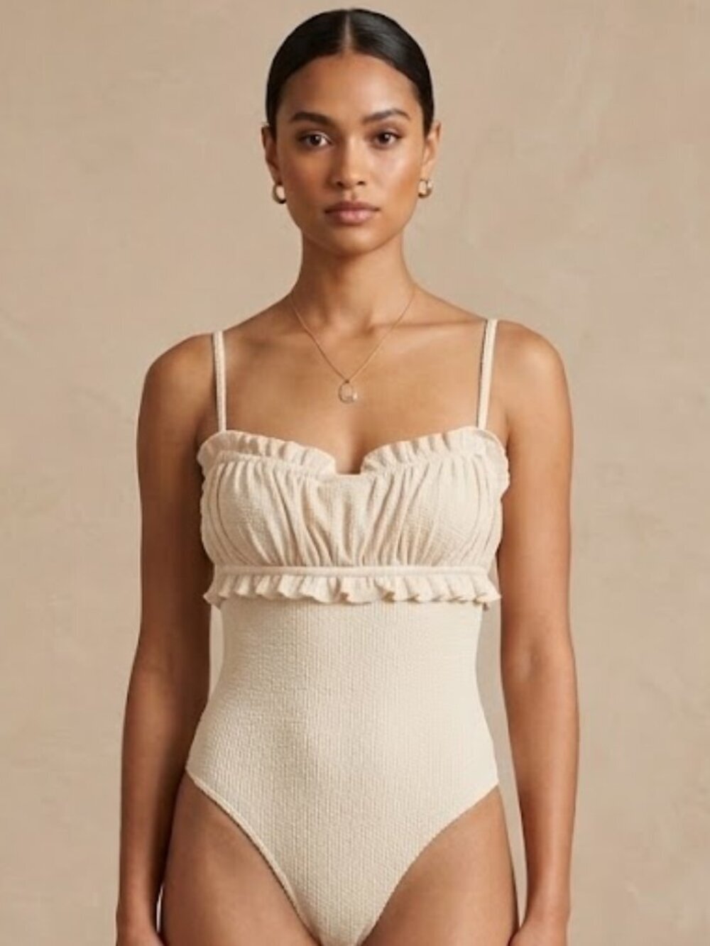 Anthro Le Lis Cream Ribbed Ruffle Dainty Bodysuit w/ Crisscross Spaghetti Straps